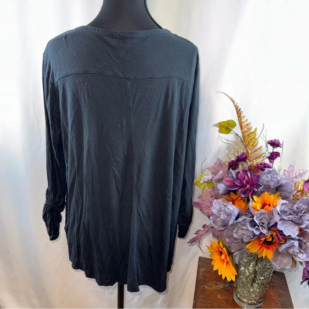 Lucky Brand 1X Black Henley Top Velvet Burnout Geo Boho Long Sleeve - Picture 4 of 8